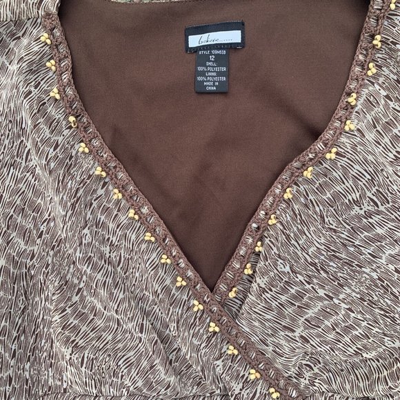 VINTAGE Believe Chiffon Flutter Ruffle Brown Dress wood beads Women's Size 12 - Picture 4 of 13